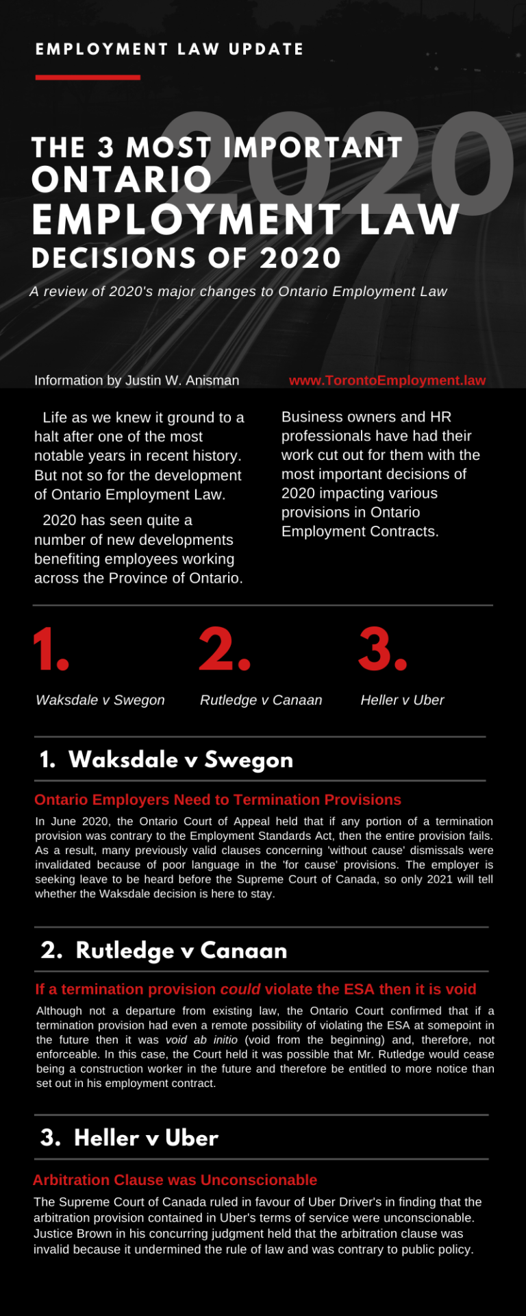 Infographic summarizing the 3 most important Ontario employment law decisions of 2020.